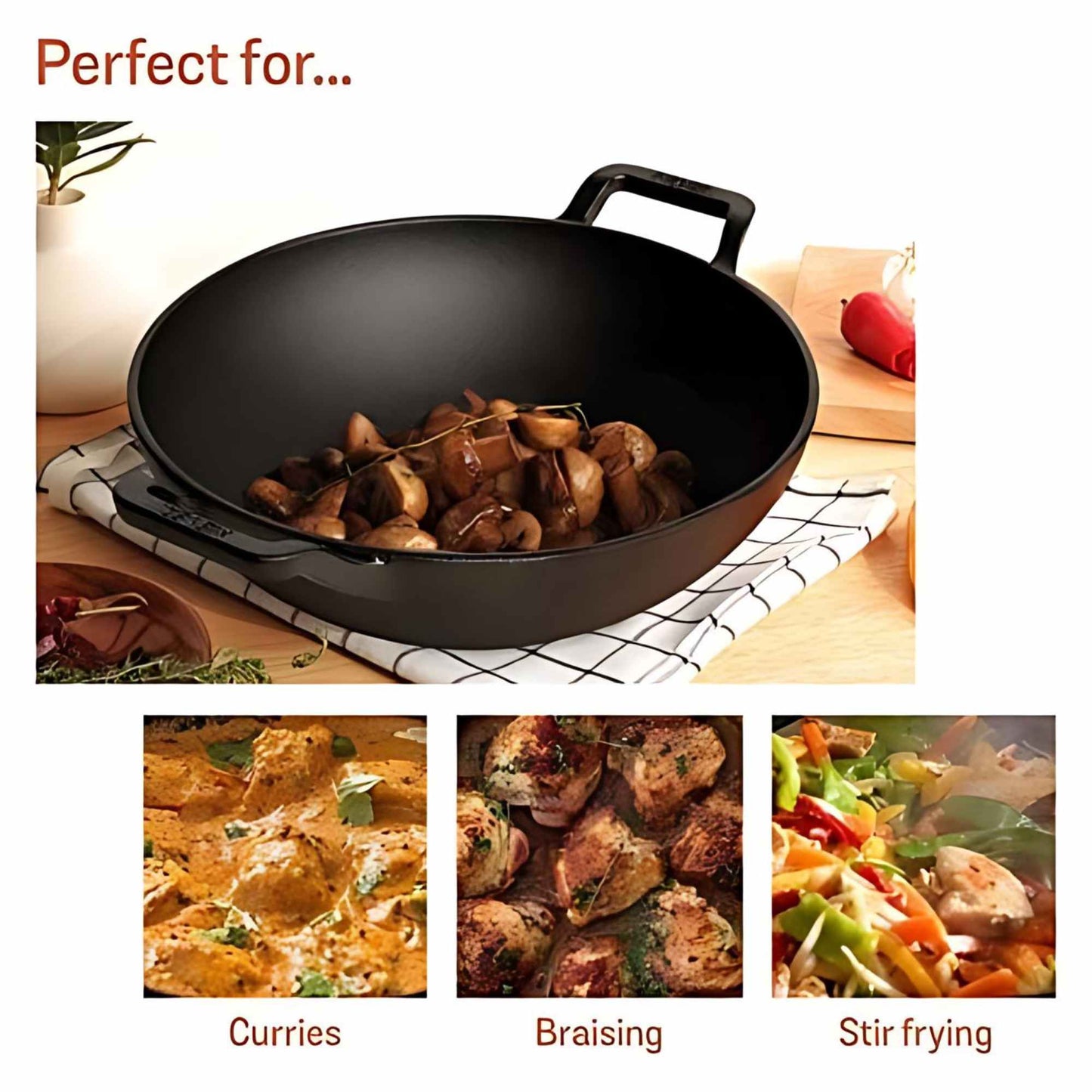 Meyer Pre-Seasoned Cast Iron Induction Wok/Kadai 26cm